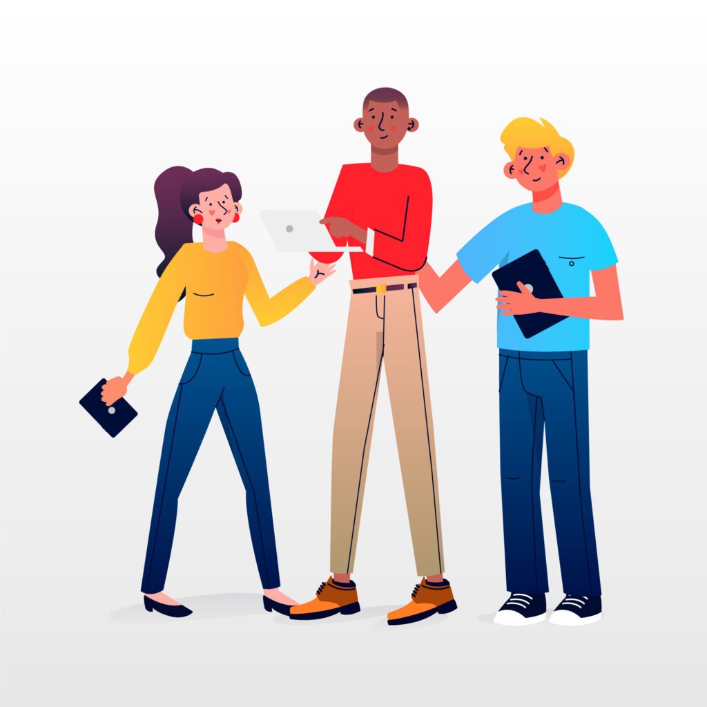 Imagen vectorial de una chica sujetando un cuaderno en una mano, un chico sosteniento un portátil y otro chico con un cuaderno en su brazo