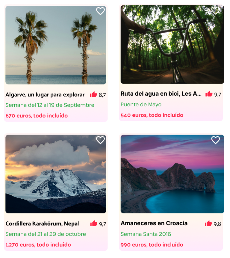 cuatro cards de viajes con paisajes y precios