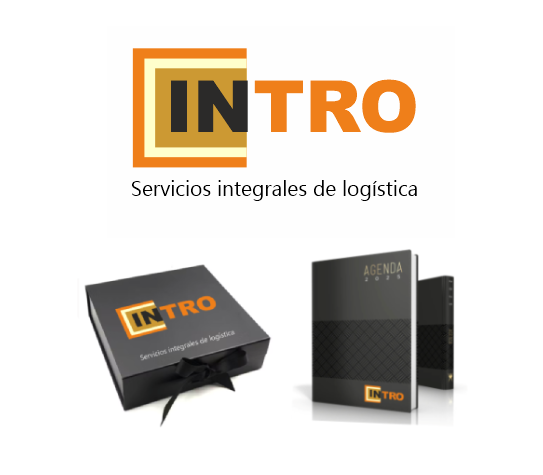 imagen de logo de letras intro en tonos naranja y negro, en distintos soportes, caja, boli y agenda