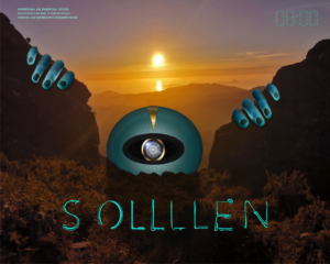 un paisaje amaneciendo con dos montañas y un marciano verde entre ellas