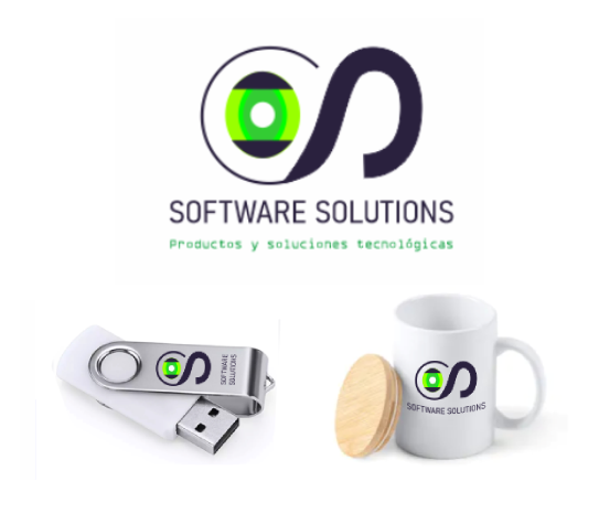 logotipo de software en varios soportes, usb, taza y caja