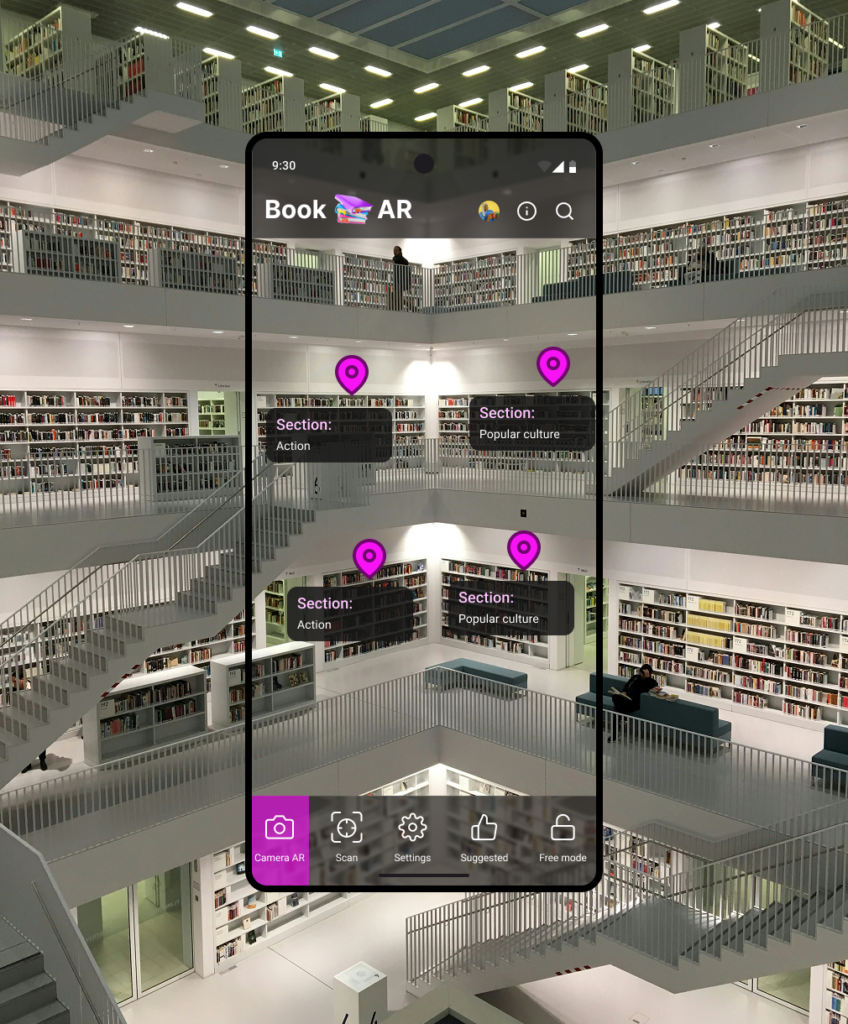 Maqueta de BookAR que muestra la función de navegación con realidad aumentada, identificando diferentes secciones en el interior de una biblioteca.