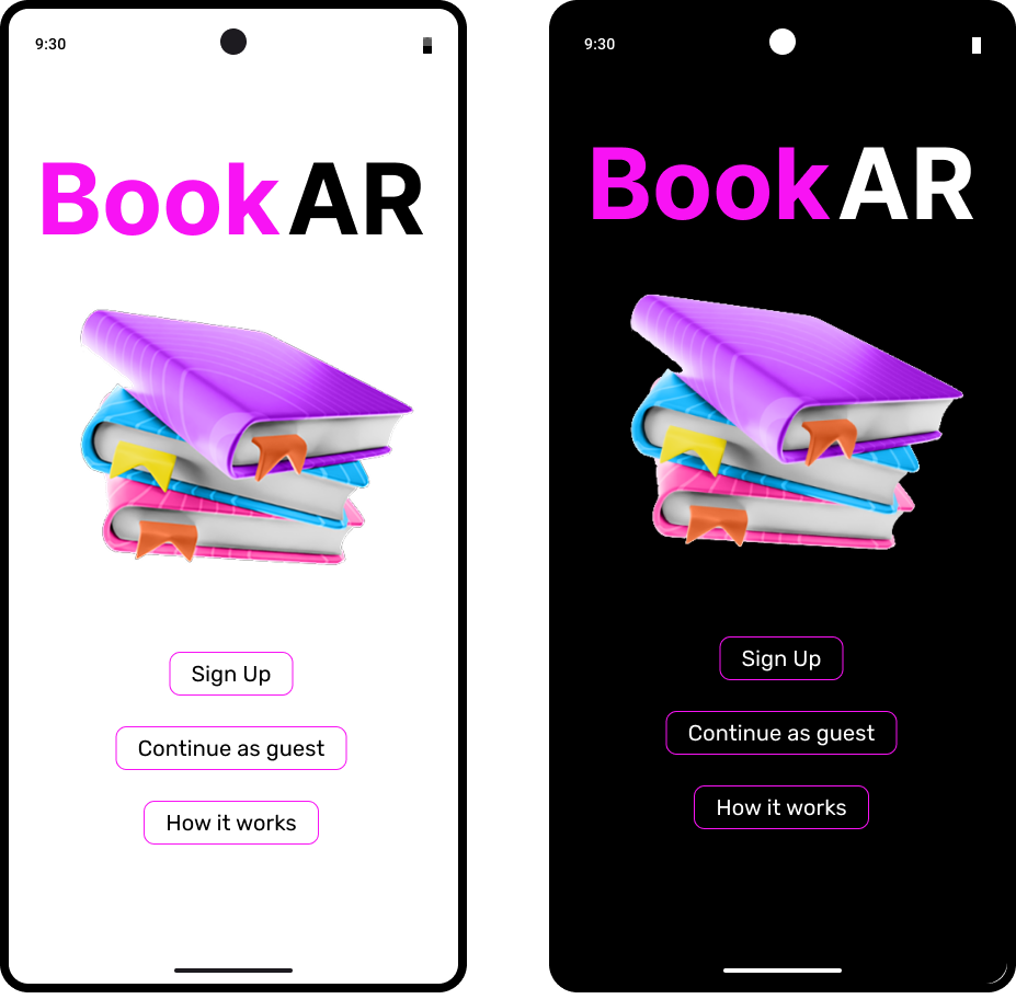 Diseño de interfaz de la aplicación BookAR que muestra la pantalla de bienvenida en modo claro y modo oscuro.