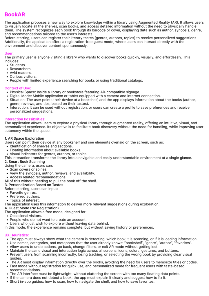 Documento técnico del caso de estudio BookAR que detalla la descripción de la aplicación de realidad aumentada, los tipos de usuario, el contexto de uso, las posibilidades de interacción y las heurísticas de UX.