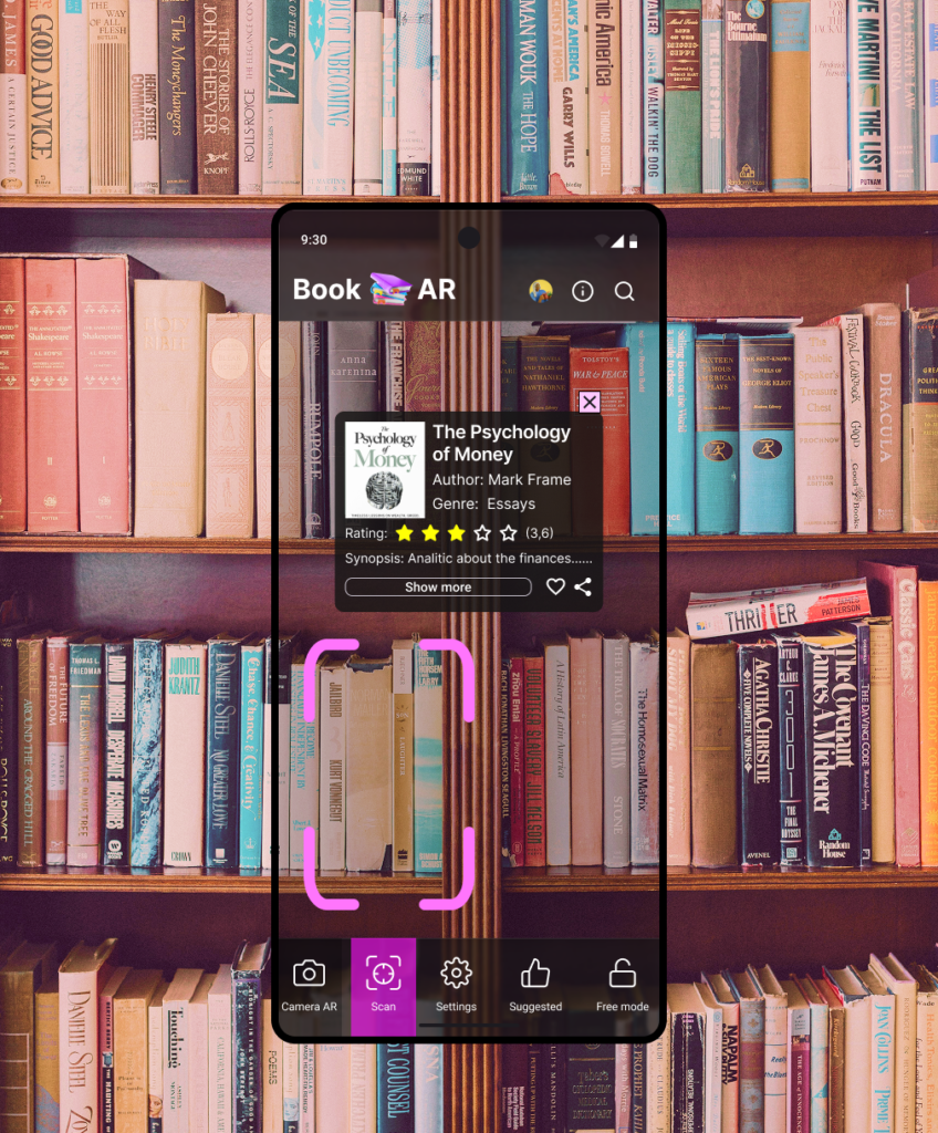 Maqueta de alta fidelidad de BookAR que muestra la función de realidad aumentada escaneando libros en una estantería real.