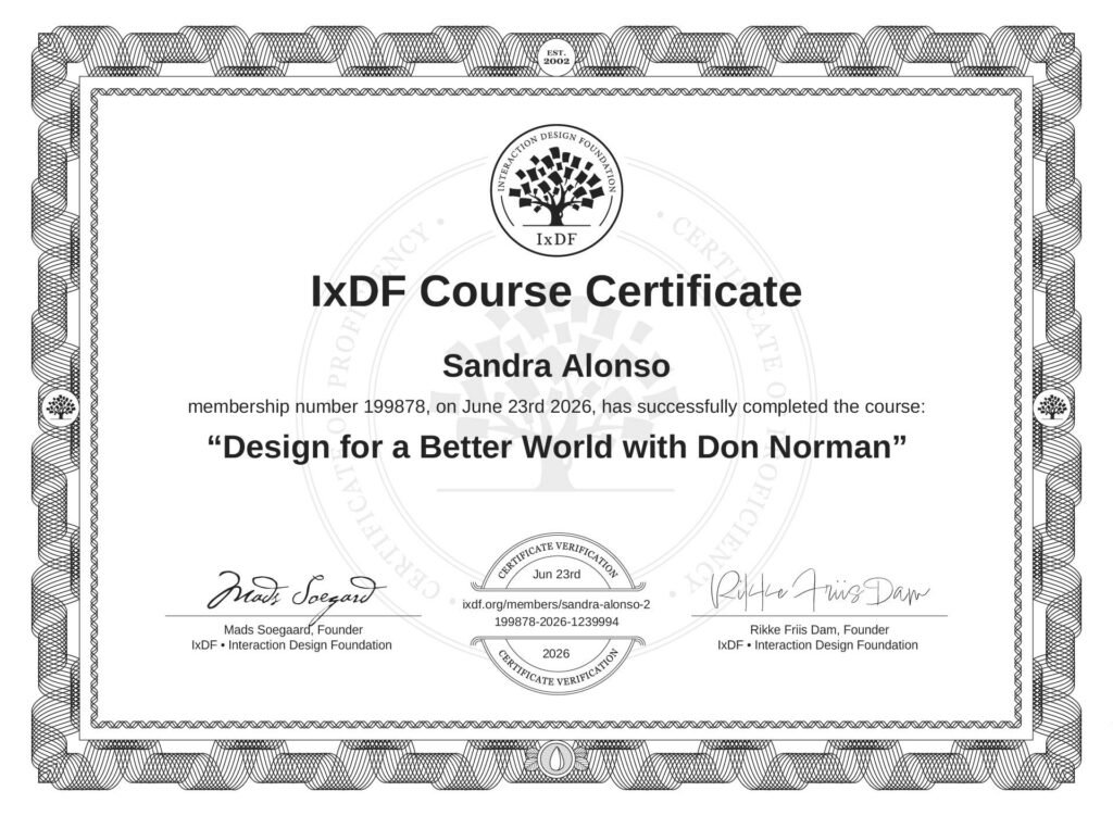 Certificado del curso Design for a Better World with Don Norman emitido por Interaction Design Foundation.