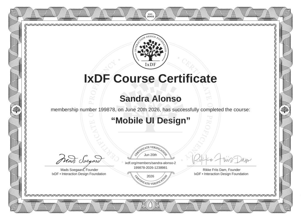 Certificado del curso Mobile UI Design emitido por Interaction Design Foundation.