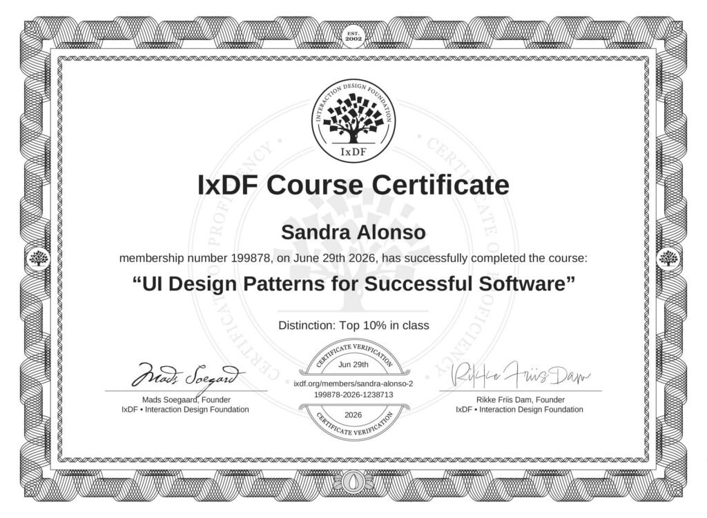 Certificado del curso UI Design Patterns for Successful Software emitido por Interaction Design Foundation.