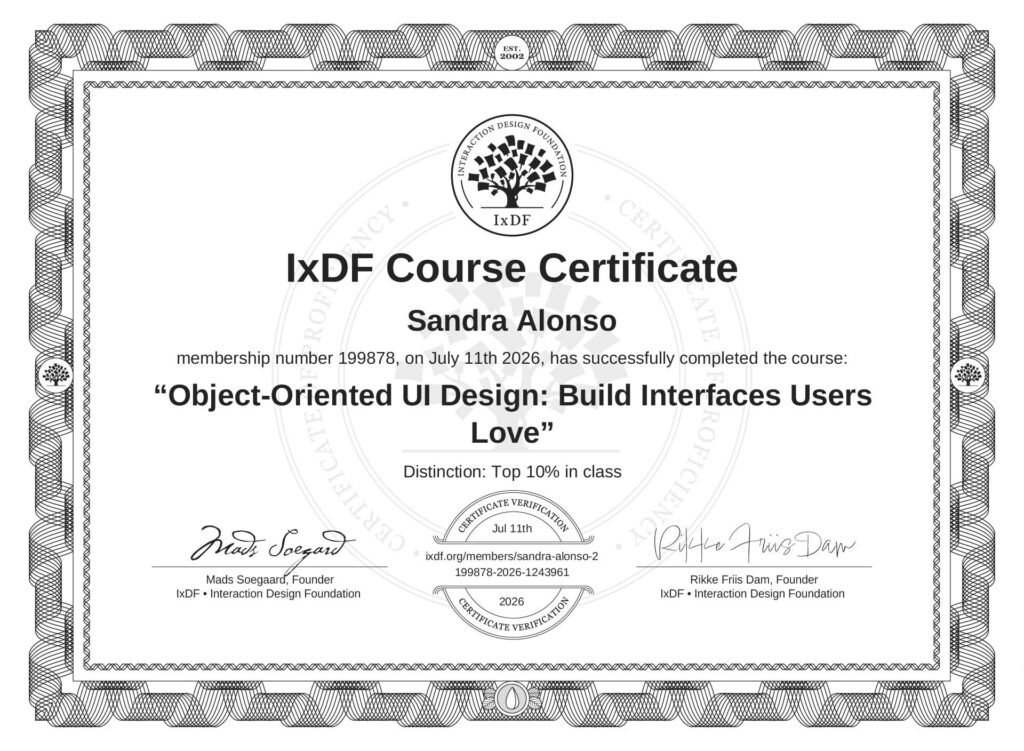 Certificado del curso Object-Oriented UI Design emitido por Interaction Design Foundation.